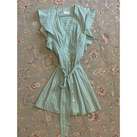 Storia 100% Cotton Green Striped Button Front Ruffle Sleeve Mini Dress, S - Picture 2 of 5